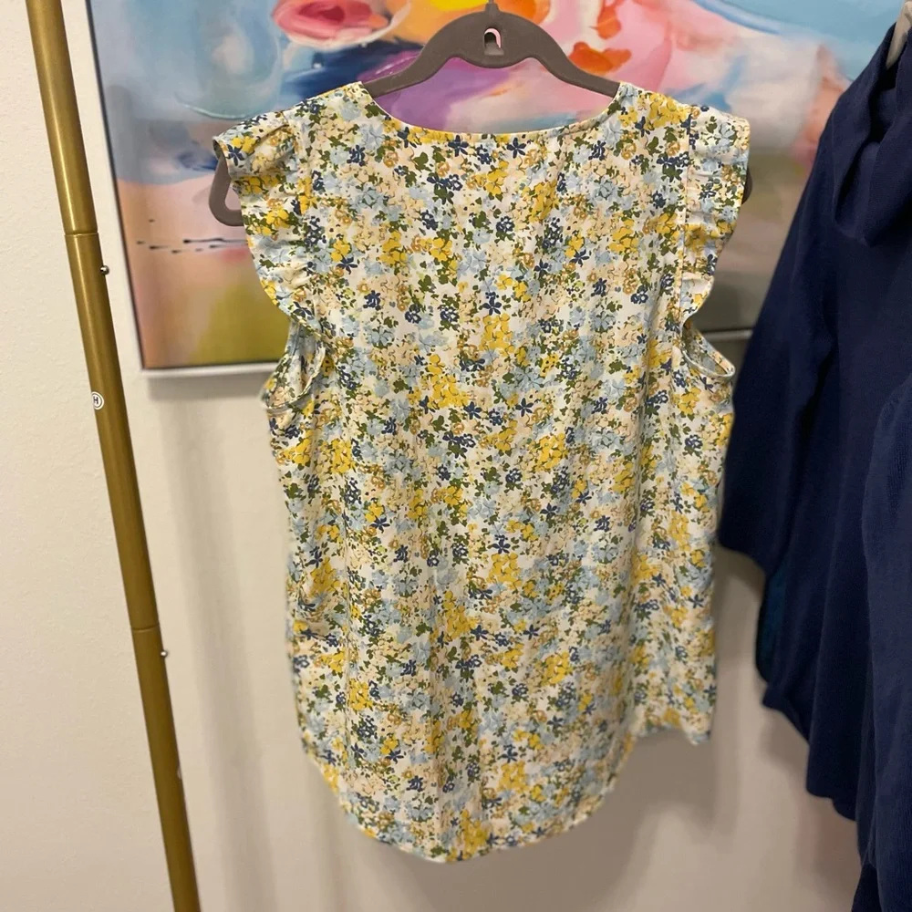 LC Lauren Conrad Yellow and Blue Floral Blouse ruffle cottage flirty feminine - Picture 5 of 5